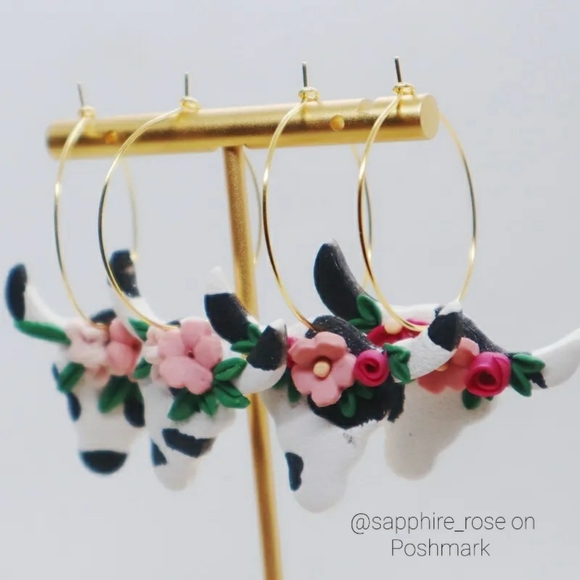 Boho Floral Cow Skull Handmade Polymer Clay Earrings Womens Western Jewelry NEW - Picture 3 of 6